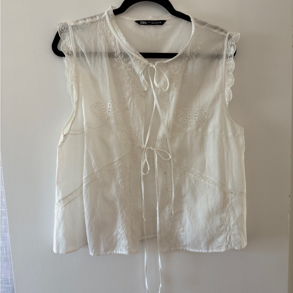 Zara Cream Lace Detail Sleeveless Tie Top